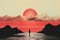Surreal landscape and dark human silhouette collage illustration with red sun and water