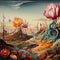 Surreal landscape in fantasy World with strange dreamy flowers, illustration, generative AI