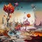 Surreal landscape in fantasy World with strange dreamy flowers, illustration, generative AI