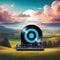 Surreal landscape featuring a giant vinyl record Fantasy landscape with vinyl record player on pastel sky and clouds on