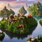 A surreal landscape of floating islands, adorned with fantastical architecture and whimsical flora and fauna1, Generative AI