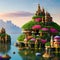 A surreal landscape of floating islands, adorned with fantastical architecture and whimsical flora and fauna4, Generative AI