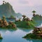 A surreal landscape of floating islands, adorned with whimsical architecture, lush vegetation, and mystical creatures1, Generati