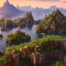 A surreal landscape of floating islands, adorned with whimsical architecture, lush vegetation, and mystical creatures3, Generati