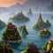 A surreal landscape of floating islands, adorned with whimsical architecture, lush vegetation, and mystical creatures5, Generati