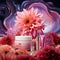 Surreal Landscape with Giant Vibrant Blossoming Flowers and Transforming Skincare Products