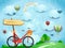 Surreal landscape with hanging clouds, arrow sign and bike