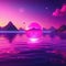 Surreal landscape with mountains and sunset pink sea with floating spheres on surface of Long horizontal Artistic original