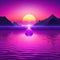 Surreal landscape with mountains and sunset pink sea with floating spheres on surface of Long horizontal Artistic original