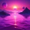 Surreal landscape with mountains and sunset pink sea with floating spheres on surface of Long horizontal Artistic original