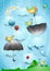 Surreal landscape with rain, flying umbrellas and fishes