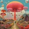 Surreal landscape with various elements scattered throughout. In the center, a man in a red hat. A pink mushroom group adorns a