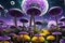A Surreal Landscape Where Gravity is Defied: Oversized Dandelions Float Amidst Towering Mushrooms