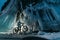 Surreal landscape with woman exploring mysterious ice grotto cave. Outdoor adventure bike. Girl exploring huge icy cave