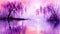 Surreal Lavender Dreamscape with Serene Waters. Watercolor landscape. Pastel background
