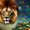 A surreal lion with the scales of a fish, ruling over an underwater kingdom with regal grace4, Generative AI
