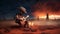 Surreal night scene with a robot cowboy sitting in a Martian landscape and playing the guitar