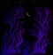 Surreal night sky forest moon and star fantasy illustration. Enchanted forest fantasy background with colorful trees.