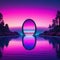 Surreal oval portal reflected in water in a futuristic twilight pink fantasy