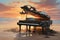 surreal painting of melting black piano on the beach at sunset