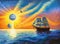 Surreal painting of a sailing ship in the sea at sunset. Generative AI