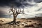 Surreal parched landscape with withered leafless tree on sandy background against dark sky, made with generative ai