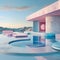 Surreal pastel architecture beside tranquil water under a soft sky. modern digital art in a minimalist style. ideal for