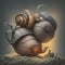 A surreal photo of a giant snail carrying a small house on its back.