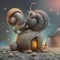 A surreal photo of a giant snail carrying a small house on its back.