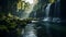 A surreal photograph of a waterfall surrounded by a gradient of vibrant and lush greens, showcasing the harmonious beauty of natur