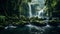 A surreal photograph of a waterfall surrounded by a gradient of vibrant and lush greens, showcasing the harmonious beauty of natur