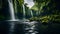 A surreal photograph of a waterfall surrounded by a gradient of vibrant and lush greens, showcasing the harmonious beauty of natur