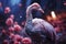 Surreal pink flamingo in a night blooming garden with flowers, AI Generated