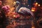 Surreal pink flamingo in a night blooming garden with flowers, AI Generated