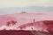 A surreal pink landscape with rolling hills, misty trails, and silhouetted figures journeying through
