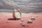 A surreal pink landscape with time-bending hourglasses