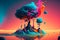 Surreal planet with colorful trees. Big blue tree on the island. Surrealist nature illustration. Created with Generative AI