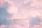 Surreal podium outdoor on blue sky pink gold pastel soft clouds with space.Beauty cosmetic product placement pedestal present