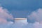 Surreal podium outdoor on night blue sky pink pastel soft clouds with space.Beauty cosmetic product placement pedestal present