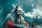 Surreal Portrait of a Person in Ornate Llama Costume with Smoke Against a Moody Blue Sky