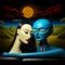 Surreal portrait of two figures with sharp color contrast.