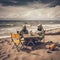 Surreal post apocalyptic picnic on sea beach. Two men in radiation protection suits, gas mask sitting near ocean under