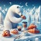 Surreal quirky scene of a polar bear enjoying cappuccino , sweets and pastries in the artic,
