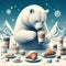 Surreal quirky scene of a polar bear enjoying cappuccino , sweets and pastries in the artic,