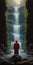 Surreal Realism: A Man In Red Coat Standing In Front Of A Waterfall