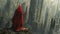 Surreal red cloaked figure in forest with futuristic cityscapes and hyper detailed realism