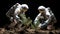 Surreal Reforestation Concept: Astronauts in Spacesuits Planting Trees on the Moon, Generative AI