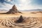 Surreal rock vortex formation. Fictional coiled stones in the desert mountains. Generated AI.