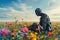 A surreal scene depicting a field of vibrant flowers blooming around a broken human sculpture, symbolizing life emerging