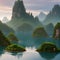A surreal scene of floating islands with lush vegetation, surrounded by a misty atmosphere1, Generative AI